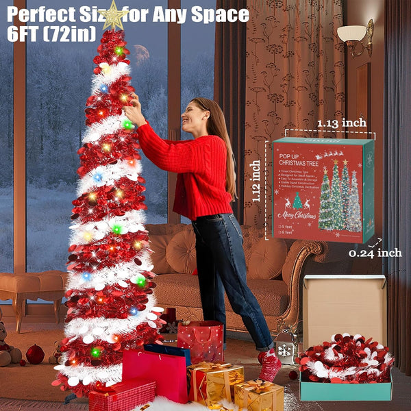 6 FT White & Red Pop Up Tinsel Christmas Tree With Colored Timer Lights & Remote