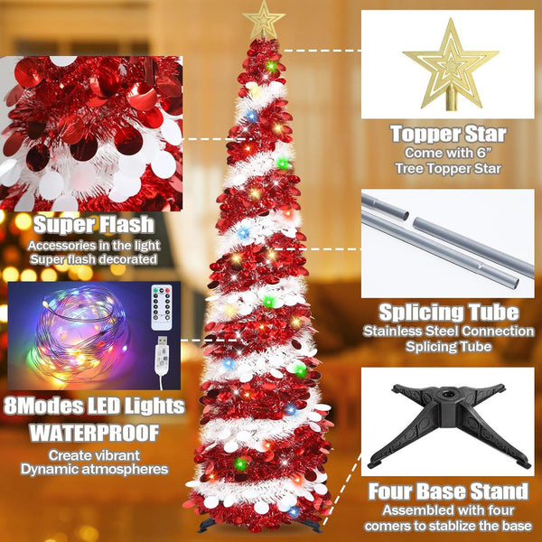 6 FT White & Red Pop Up Tinsel Christmas Tree With Colored Timer Lights & Remote