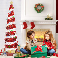 6 FT White & Red Pop Up Tinsel Christmas Tree With Colored Timer Lights & Remote