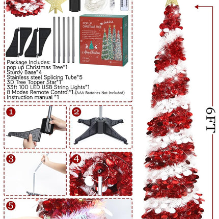 6 FT White & Red Pop Up Tinsel Christmas Tree With Colored Timer Lights & Remote