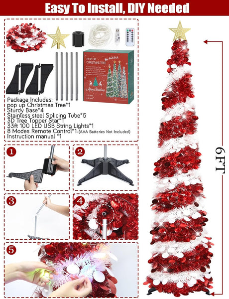 6 FT White & Red Pop Up Tinsel Christmas Tree With Colored Timer Lights & Remote