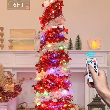 6 FT White & Red Pop Up Tinsel Christmas Tree With Colored Timer Lights & Remote