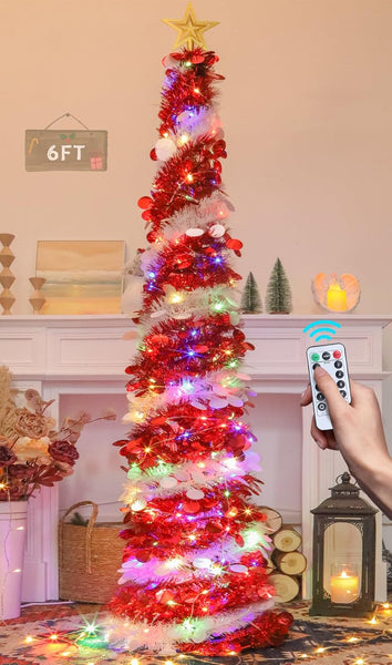 6 FT White & Red Pop Up Tinsel Christmas Tree With Colored Timer Lights & Remote