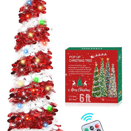 6 FT White & Red Pop Up Tinsel Christmas Tree With Colored Timer Lights & Remote