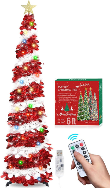 6 FT White & Red Pop Up Tinsel Christmas Tree With Colored Timer Lights & Remote