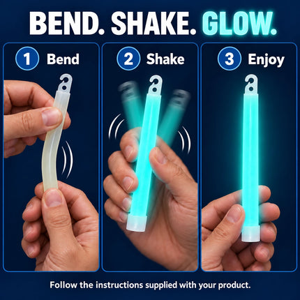 Illustrated bend, shake and enjoy instructions for a aqua glow stick.