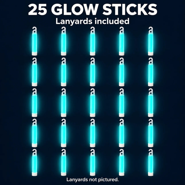 25 aqua glow sticks with lanyards included; lanyards not pictured.