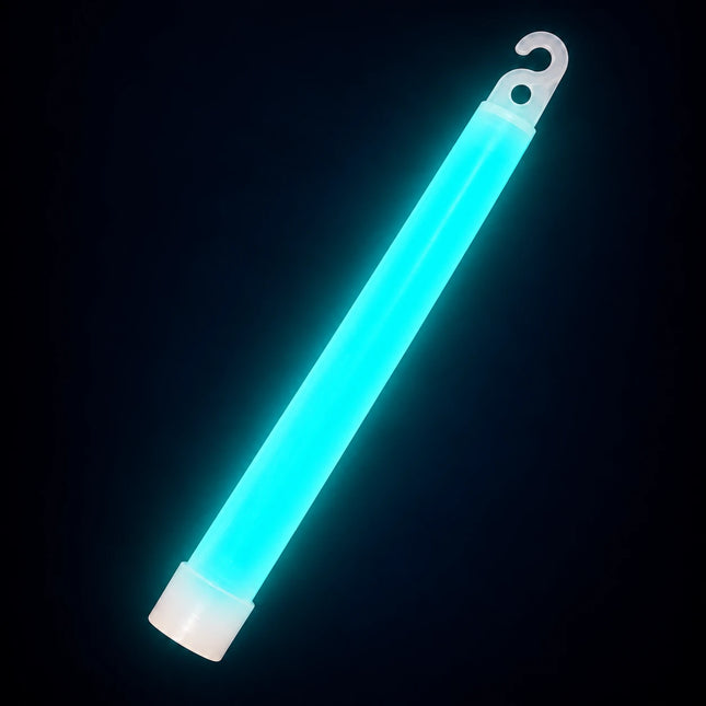 Single activated aqua glow stick with an open hook and pale bottom cap.