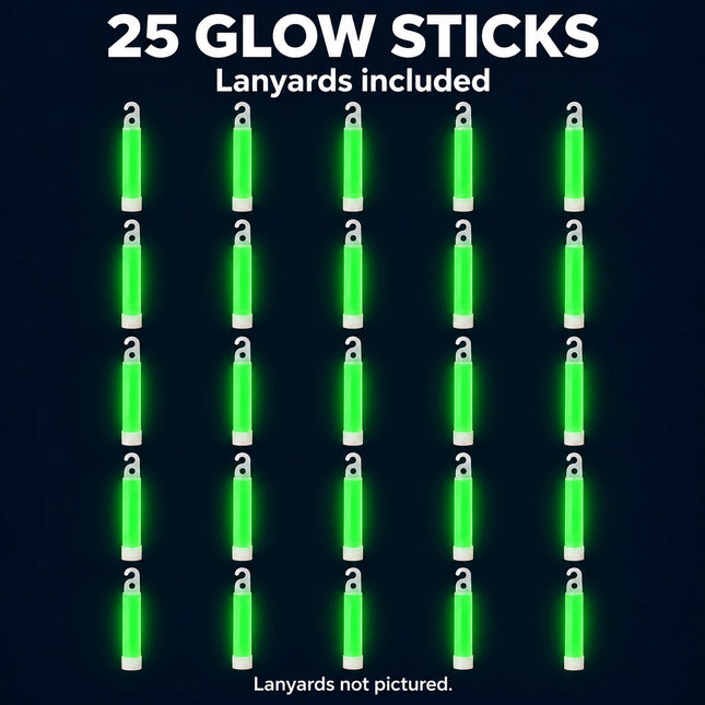 25 green glow sticks with lanyards included; lanyards not pictured.