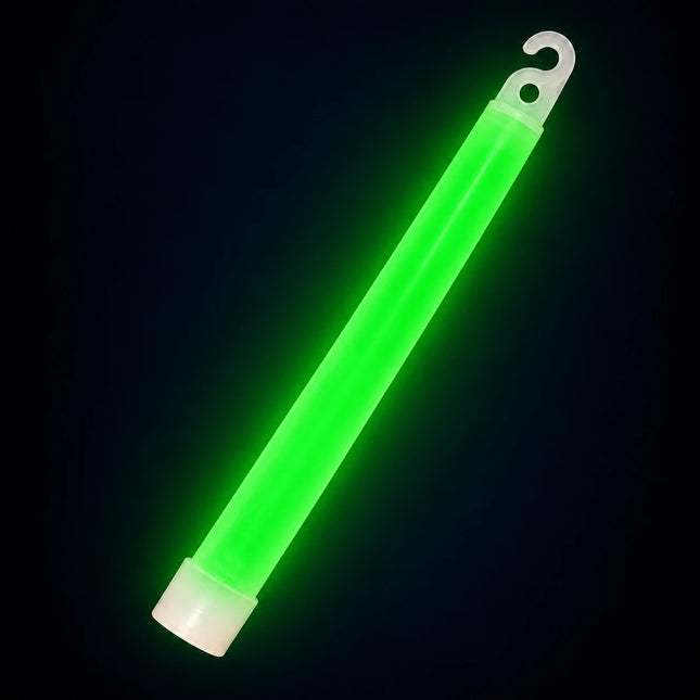 Single activated green glow stick with an open hook and pale bottom cap.