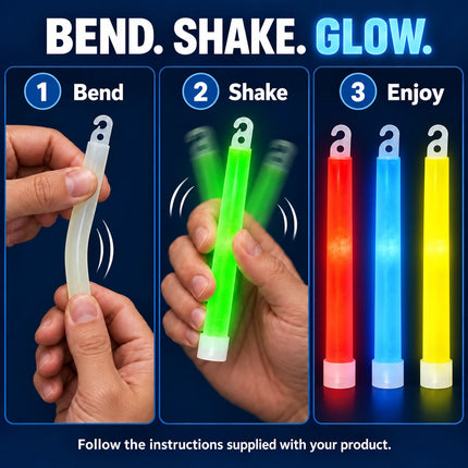Illustrated bend, shake and enjoy instructions for multicolor glow sticks.