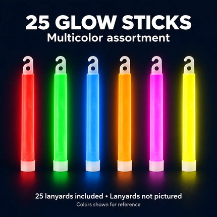Multicolor glow stick assortment with 25 sticks and 25 included lanyards; lanyards not pictured.
