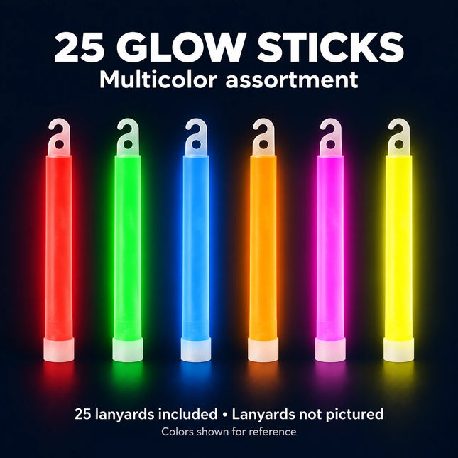Multicolor glow stick assortment with 25 sticks and 25 included lanyards; lanyards not pictured.