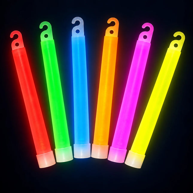 Six glow sticks showing the multicolor assortment's red, green, blue, orange, pink and yellow colors.