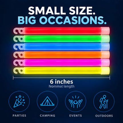 Multicolor glow sticks with a nominal length of 6 inches.