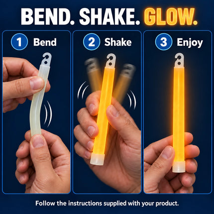 Illustrated bend, shake and enjoy instructions for a orange glow stick.