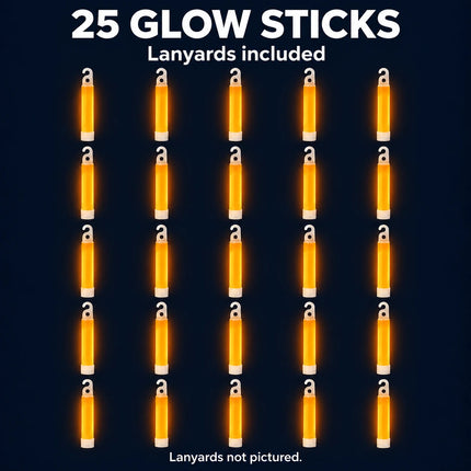 25 orange glow sticks with lanyards included; lanyards not pictured.