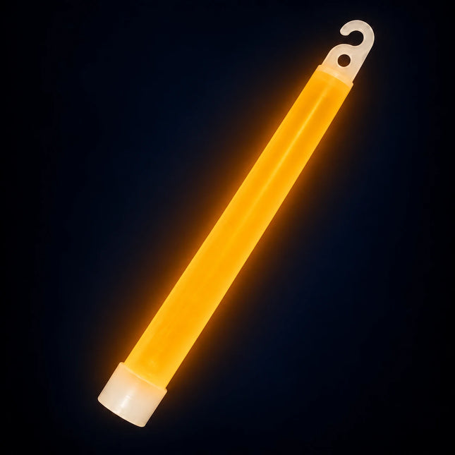 Single activated orange glow stick with an open hook and pale bottom cap.