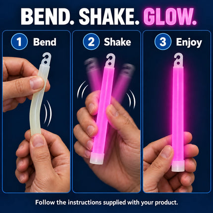 Illustrated bend, shake and enjoy instructions for a pink glow stick.