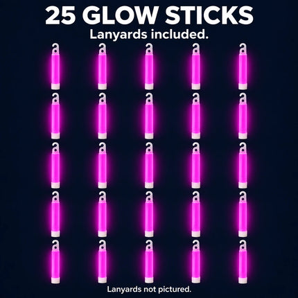 25 pink glow sticks with lanyards included; lanyards not pictured.