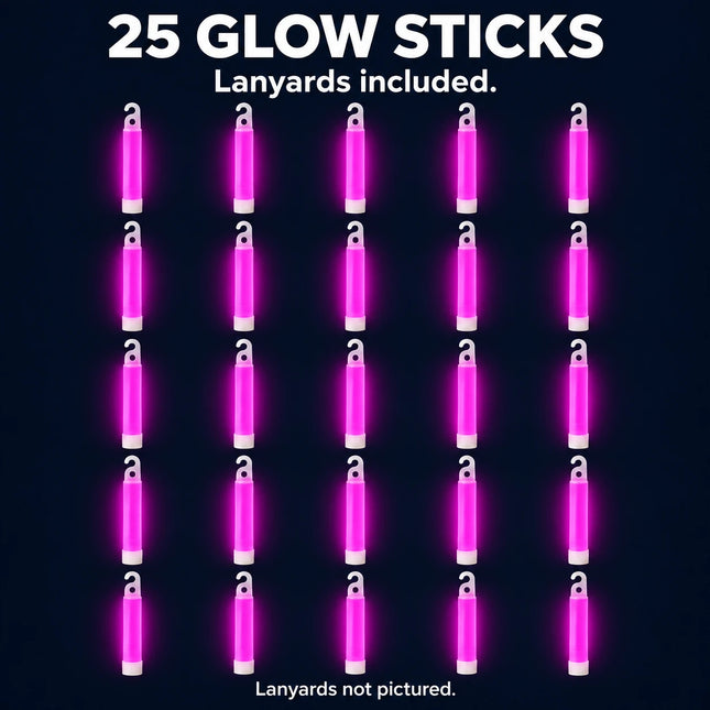 25 pink glow sticks with lanyards included; lanyards not pictured.