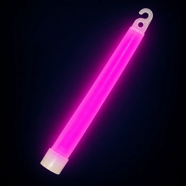 Single activated pink glow stick with an open hook and pale bottom cap.
