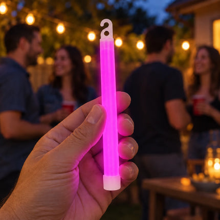 Lifestyle illustration of an adult holding a pink glow stick at an evening party.