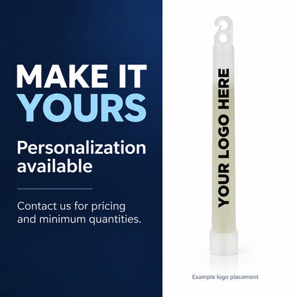 Personalization example showing YOUR LOGO HERE on an unactivated glow stick; contact us for pricing and minimum quantities.