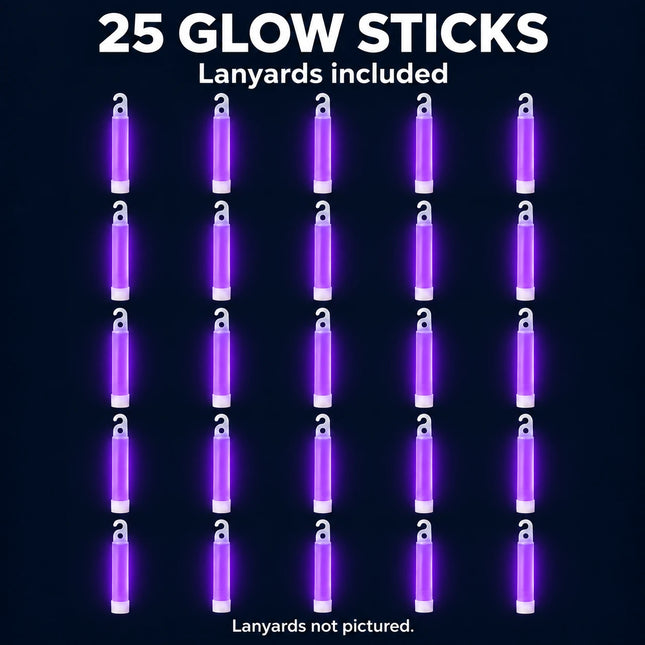 25 purple glow sticks with lanyards included; lanyards not pictured.