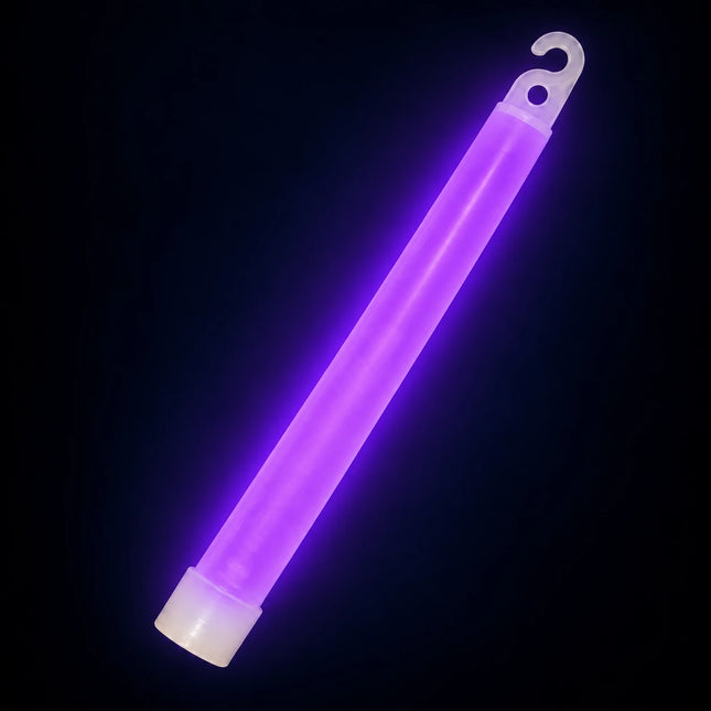 Single activated purple glow stick with an open hook and pale bottom cap.
