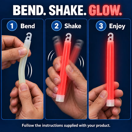 Illustrated bend, shake and enjoy instructions for a red glow stick.