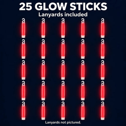 25 red glow sticks with lanyards included; lanyards not pictured.