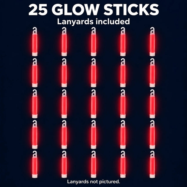 25 red glow sticks with lanyards included; lanyards not pictured.