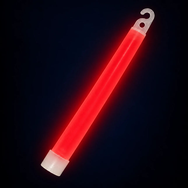Single activated red glow stick with an open hook and pale bottom cap.
