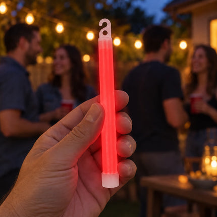 Lifestyle illustration of an adult holding a red glow stick at an evening party.