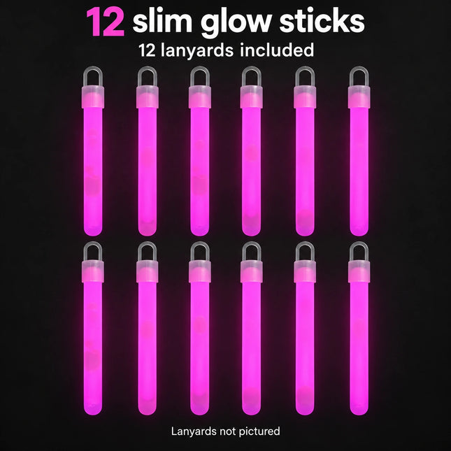 Twelve slim pink glow sticks; twelve lanyards are included but not pictured.