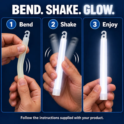 Illustrated bend, shake and enjoy instructions for a white glow stick.