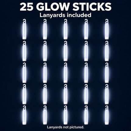 25 white glow sticks with lanyards included; lanyards not pictured.