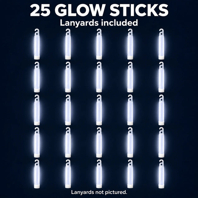 25 white glow sticks with lanyards included; lanyards not pictured.