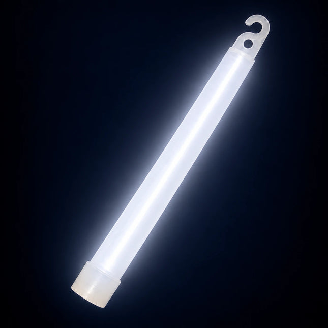 Single activated white glow stick with an open hook and pale bottom cap.