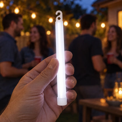 Lifestyle illustration of an adult holding a white glow stick at an evening party.