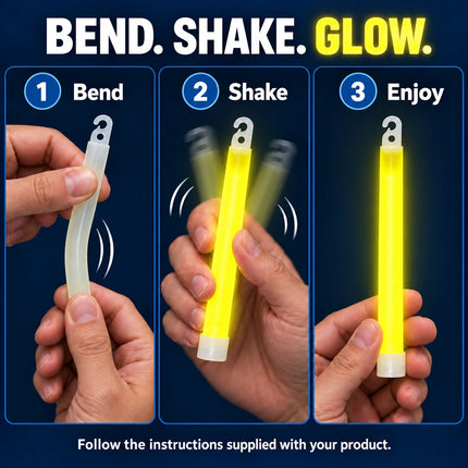Illustrated bend, shake and enjoy instructions for a yellow glow stick.