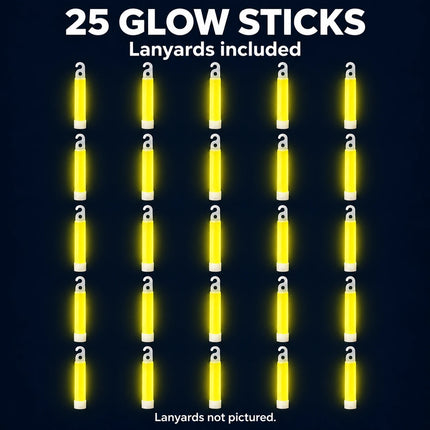 25 yellow glow sticks with lanyards included; lanyards not pictured.