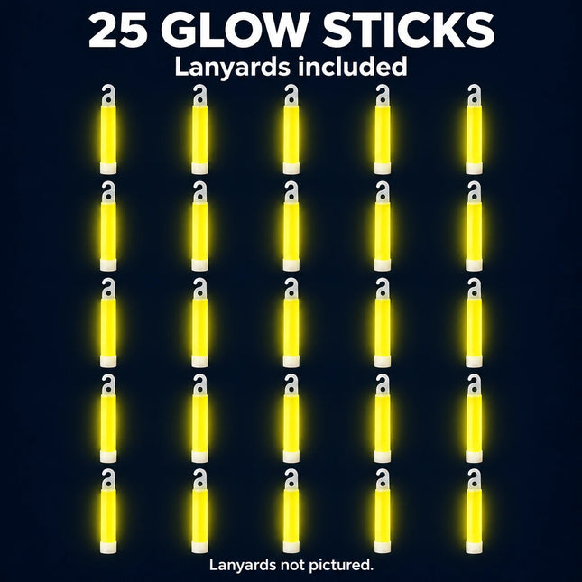 25 yellow glow sticks with lanyards included; lanyards not pictured.