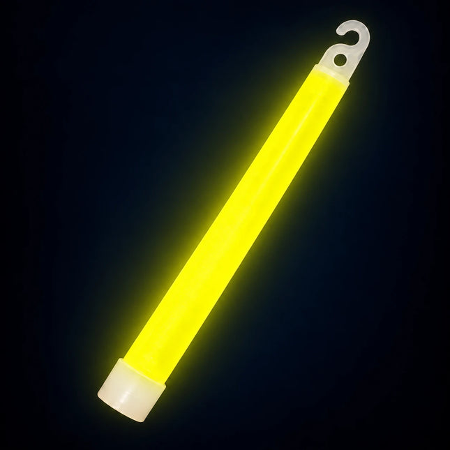 Single activated yellow glow stick with an open hook and pale bottom cap.
