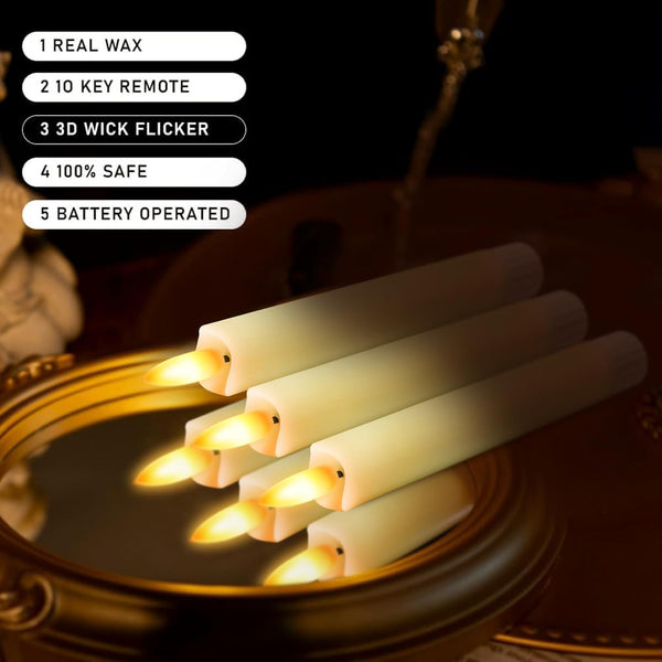 Real Wax Short LED Flameless Taper Candles with Remote - 6 Per Pack