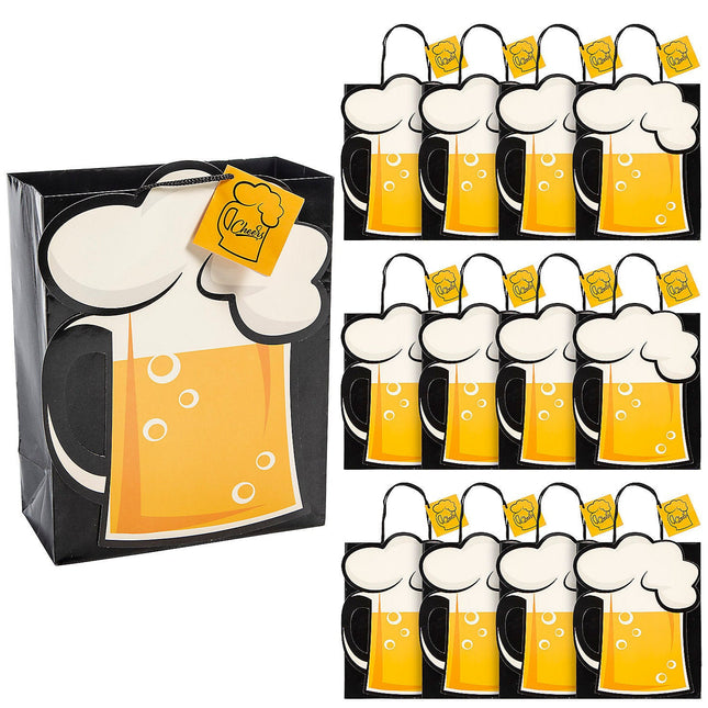 7 1/4" x 9" Medium Beer Mug Paper Gift Bags With Tag - 12 Per Pack