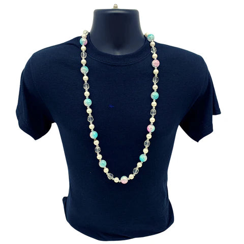 Acrylic Pink And Turquoise Marble Bead 40 Inches Necklace