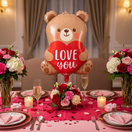 Valentine's Day table setting with a bear-shaped balloon and flower arrangements.
