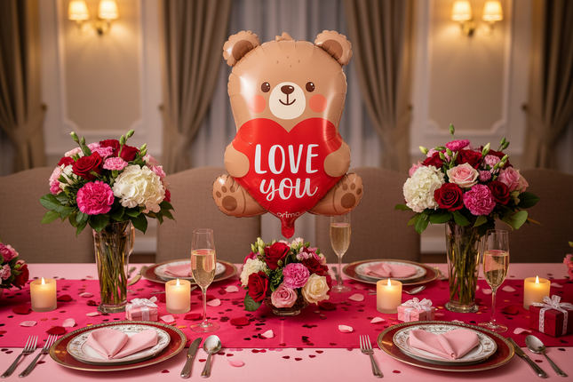 Valentine's Day table setting with a bear-shaped balloon and flower arrangements.